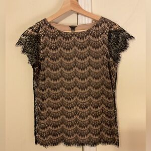 Ann Taylor Black Lace with Tan Underlay Blouse Cami. Stunner!